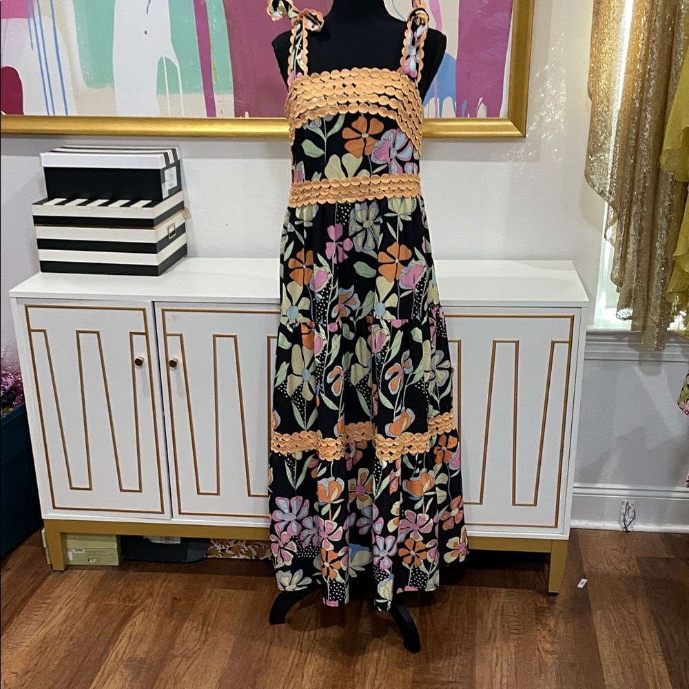 Black Floral Maxi Dress with Peach Crochet Trim
